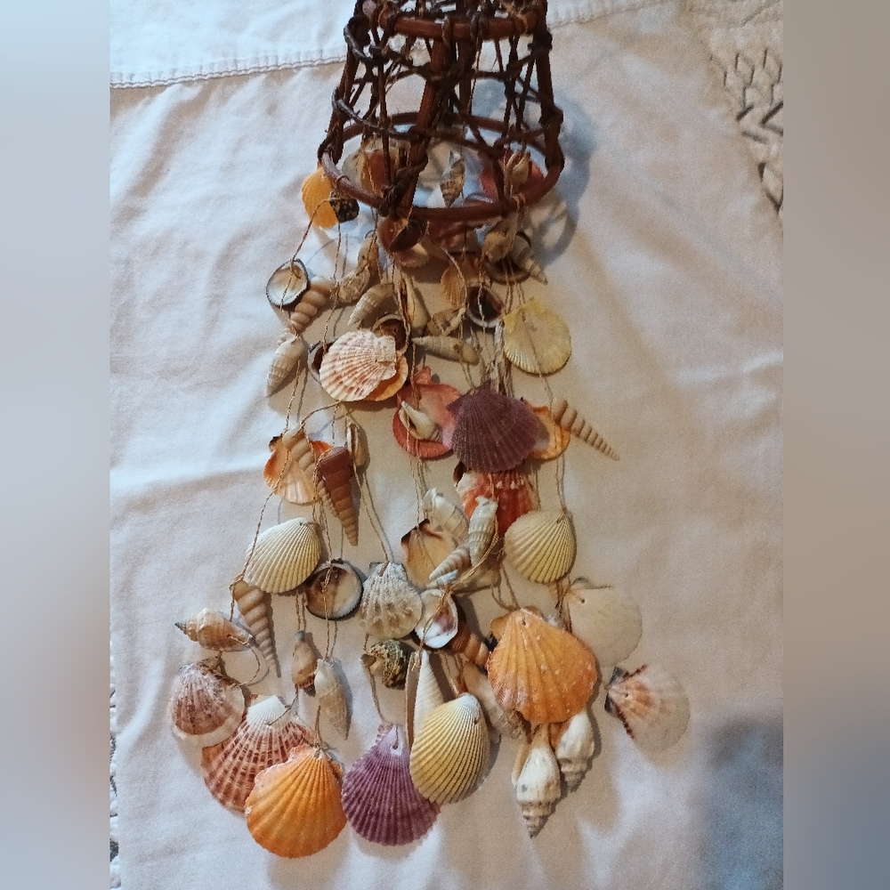 Natural Sea Shell Wind Chime Chandelier Woven Frame 28" Length Coastal Beach